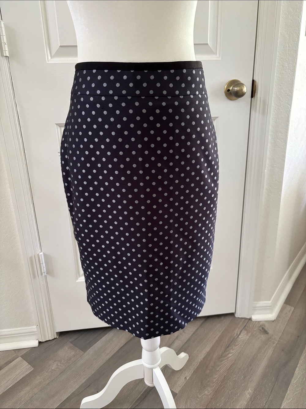 Ann Taylor Navy Pencil Skirt with Silver Polka Dots